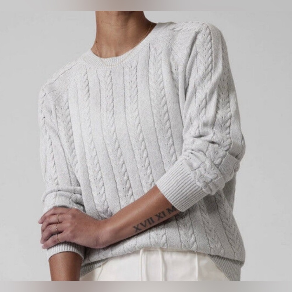 🆕 Athleta Crossroads Crew Cable Knit Sweater, Silver, Size 1X